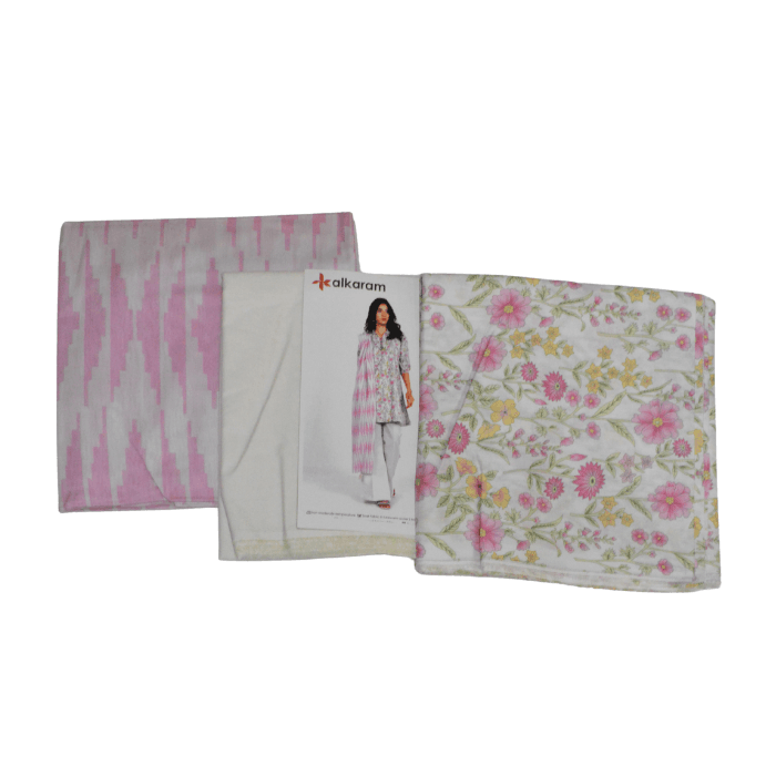 Alkaram 3-Piece Printed Lawn — Pink Shibori & White Floral