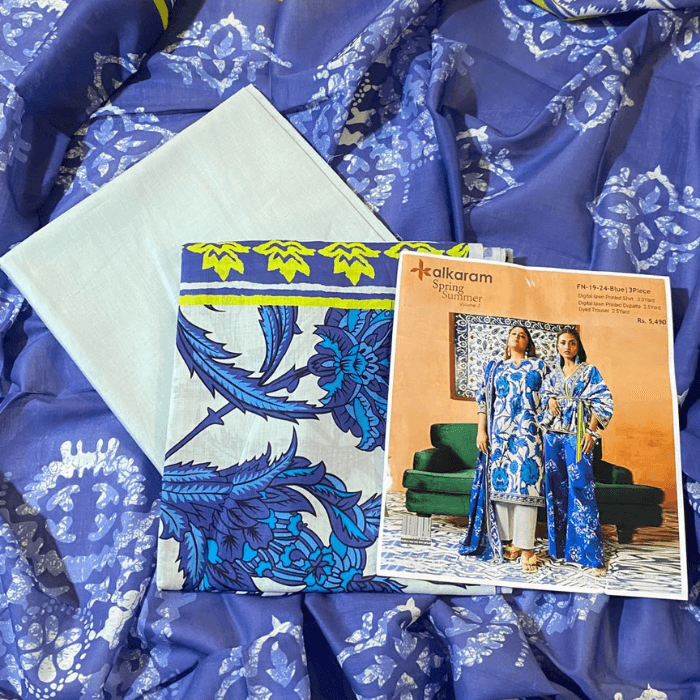 3pc unstitche alkaram d  digital lawn printed shirt 3.0 yard digital printed 2.5 yard dupatta  and dyed trouser 2.5 yard 