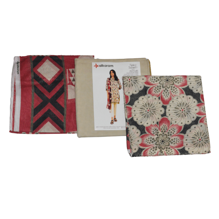 Alkaram 3-Piece Printed Lawn — Red Tribal & Blue Mosaic