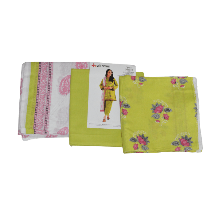 Alkaram 3-Piece Printed Lawn — Lime Floral & Pink Stripe