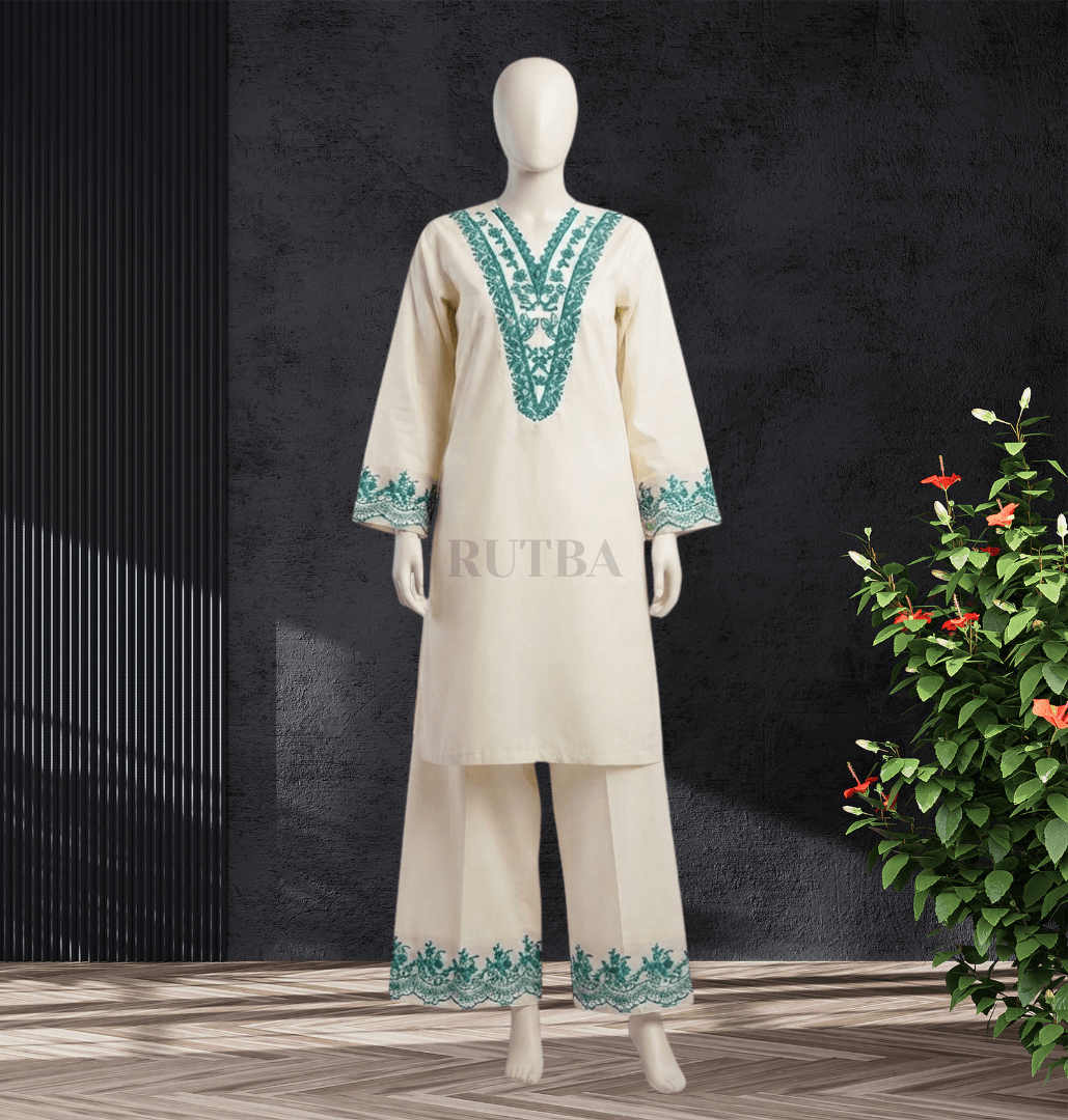 Embroidered Stitched 2-Piece — Off-White & Teal