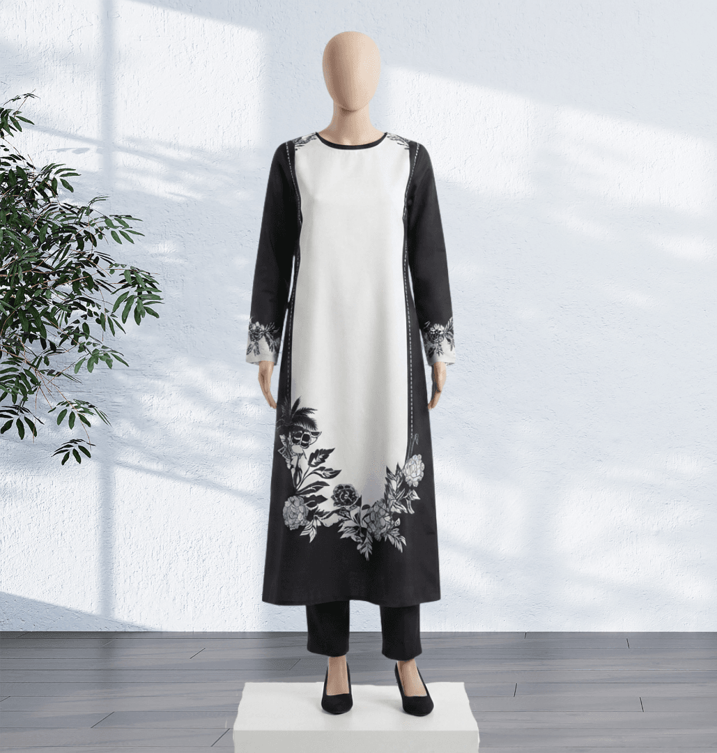 Artistry Stitched Long Shirt — Black & White Floral