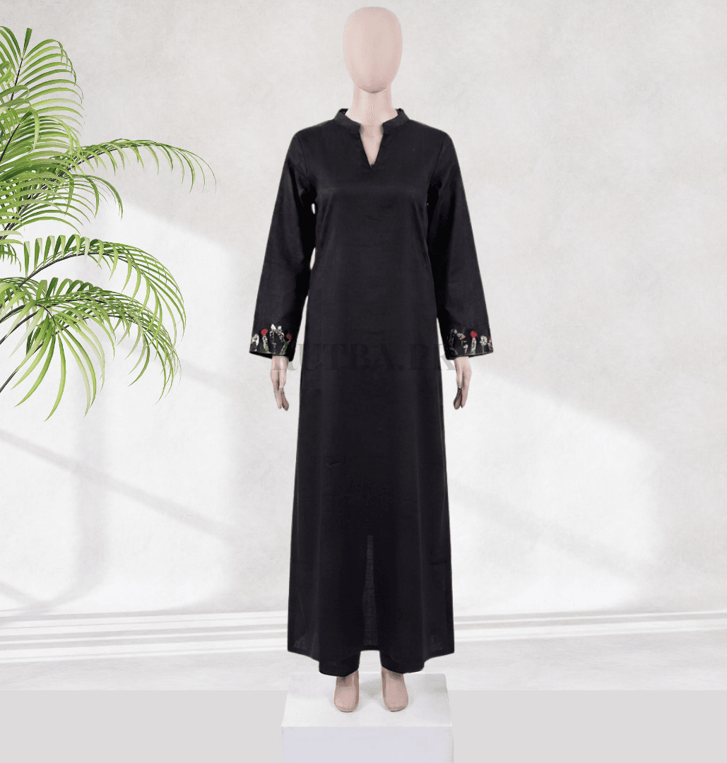 Lawn Long Shirt with Embroidered Sleeves — Black