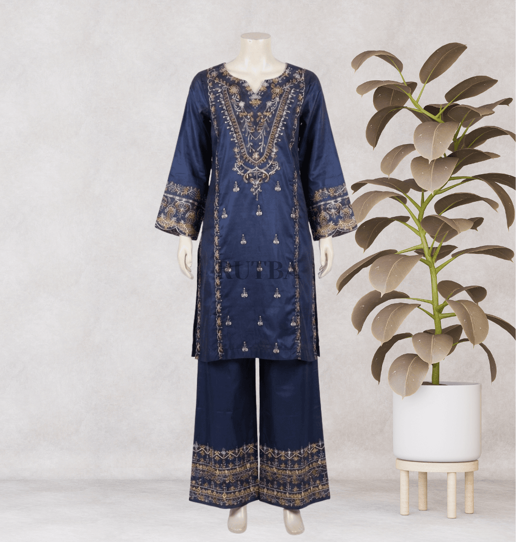 Linen Embroidered Stitched 2-Piece — Navy & Gold