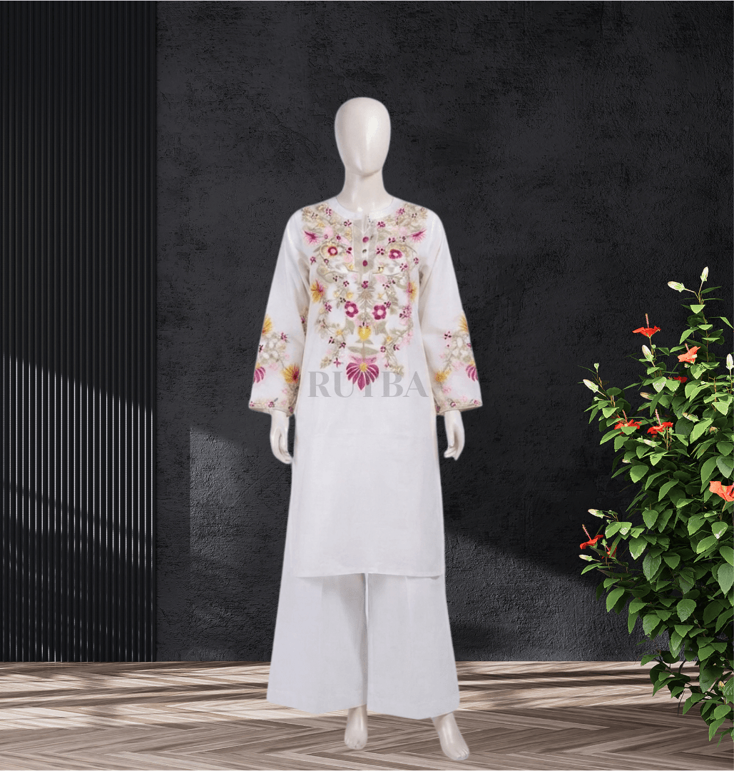 Linen Embroidered Stitched 2-Piece Suit — White
