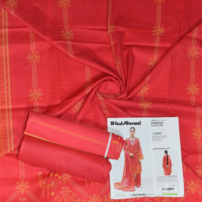 Gul Ahmed CL-42203 printed lawn suit in coral red with golden folk motif stripes and camel figures