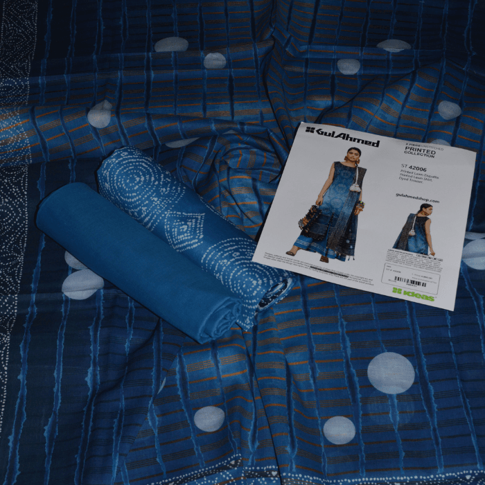 Gul Ahmed ST-42006 printed lawn suit in deep blue with white dots and bandhani style dupatta