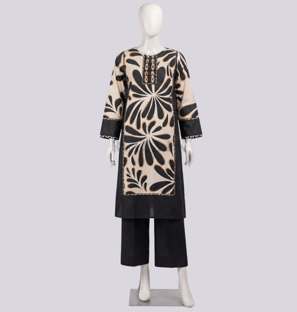 Printed Stitched 2-Piece — Black & Cream Petal